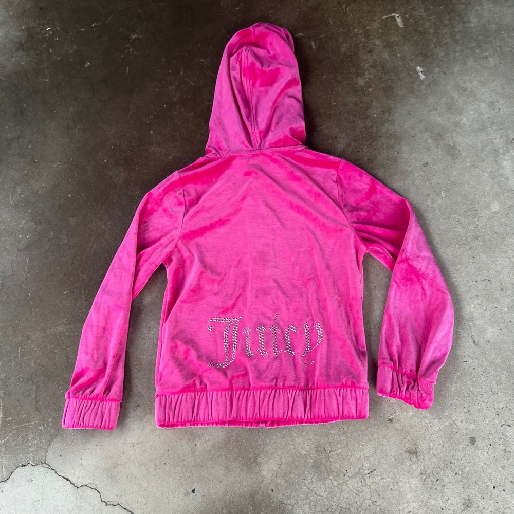 Juicy Couture Hoodie Kids Size M 8-10 Pink Velour Rhinestone Y2K Zip Up